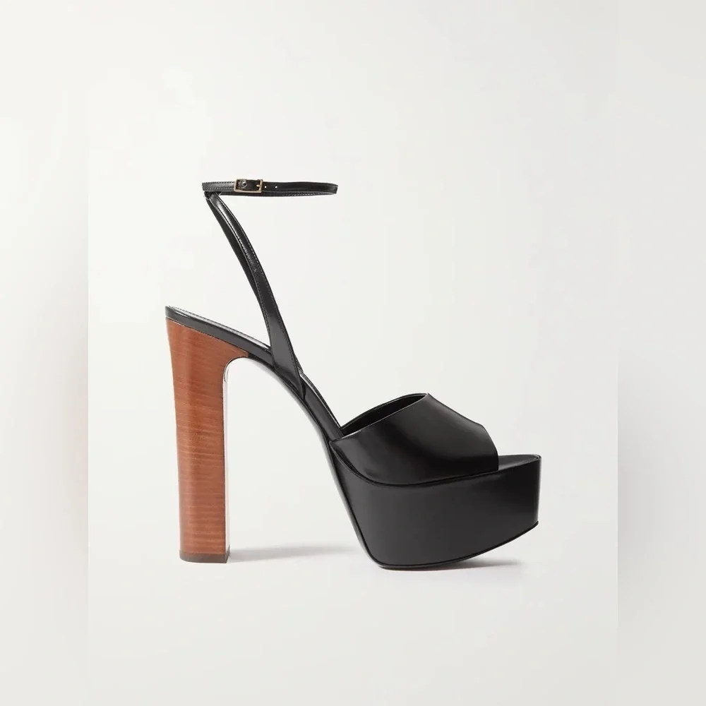 Saint Laurent | Jodie glossed-leather platform sandals Black wood New Size 41